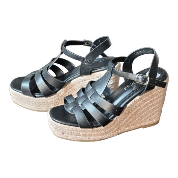 Berness Lotus Platform Espadrille Wedge Sandals Black Leather Women's Size 6 US - Picture 1 of 9